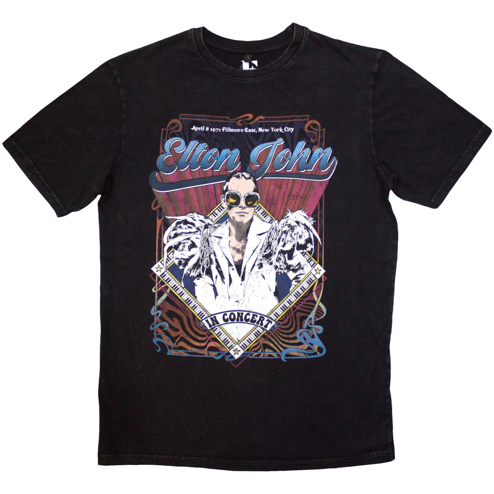Elton John Unisex Stone Wash T-Shirt: Psych Vintage (Black)