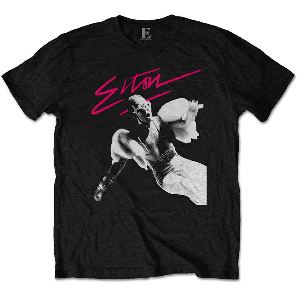 Elton John Unisex T-Shirt: Pink Brush (Black) (Back Print)