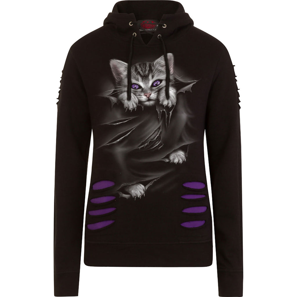 Spiral Ladies Ripped Pullover Hoodie: Bright Eyes (Black & Purple)