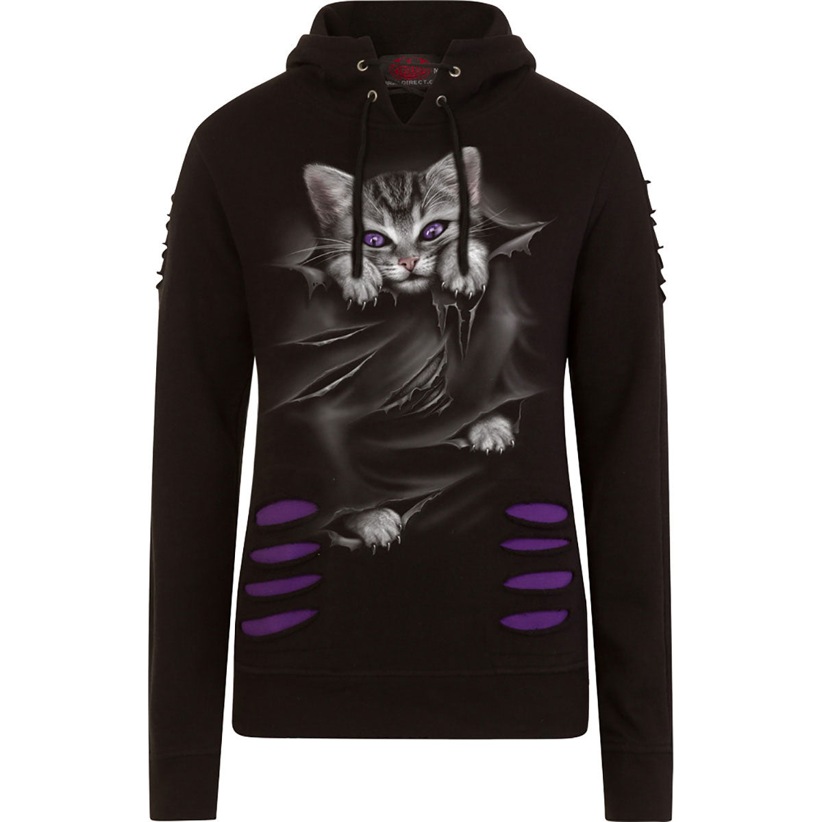 Spiral Ladies Ripped Pullover Hoodie: Bright Eyes (Black & Purple)