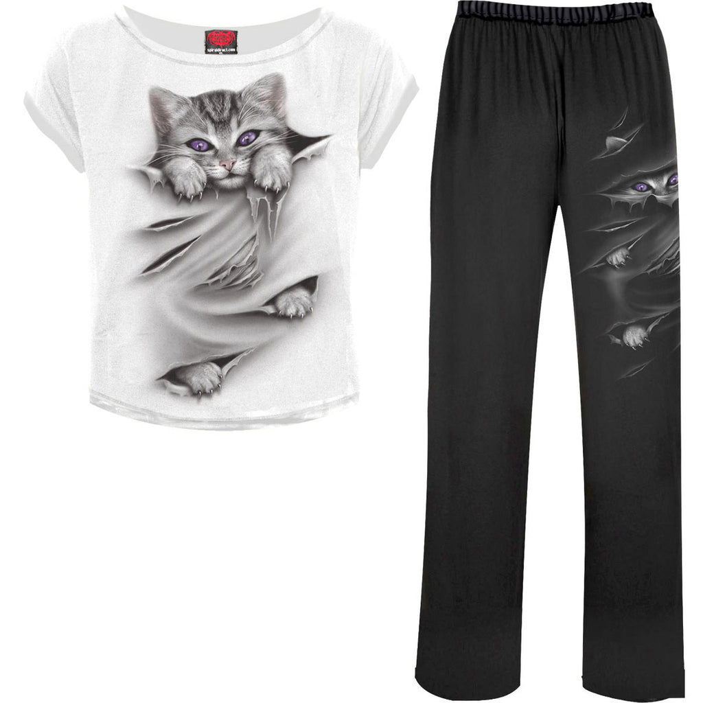 Spiral Ladies 4 Piece Gothic Pyjama Set: Bright Eyes (Black & White) (Back Print)