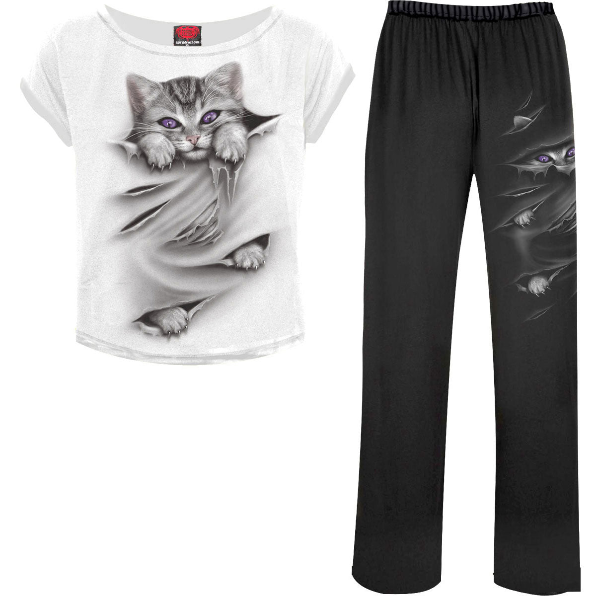 Spiral Ladies 4 Piece Gothic Pyjama Set: Bright Eyes (Black & White) (Back Print)