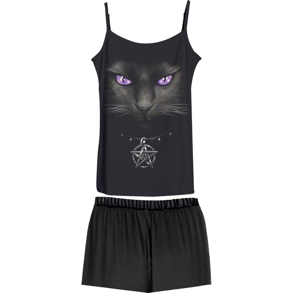 Spiral Ladies 4 Piece Gothic Pyjama Set: Bright Eyes (Black & White) (Back Print)