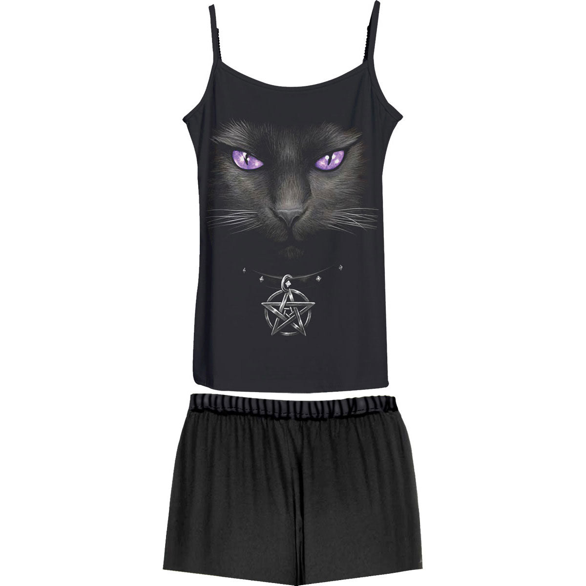 Spiral Ladies 4 Piece Gothic Pyjama Set: Bright Eyes (Black & White) (Back Print)