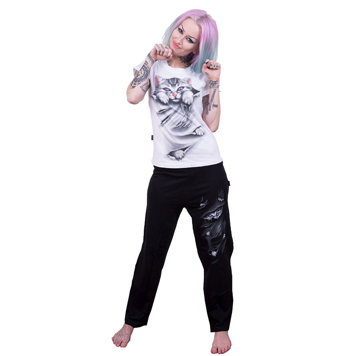 Spiral Ladies 4 Piece Gothic Pyjama Set: Bright Eyes (Black & White) (Back Print)