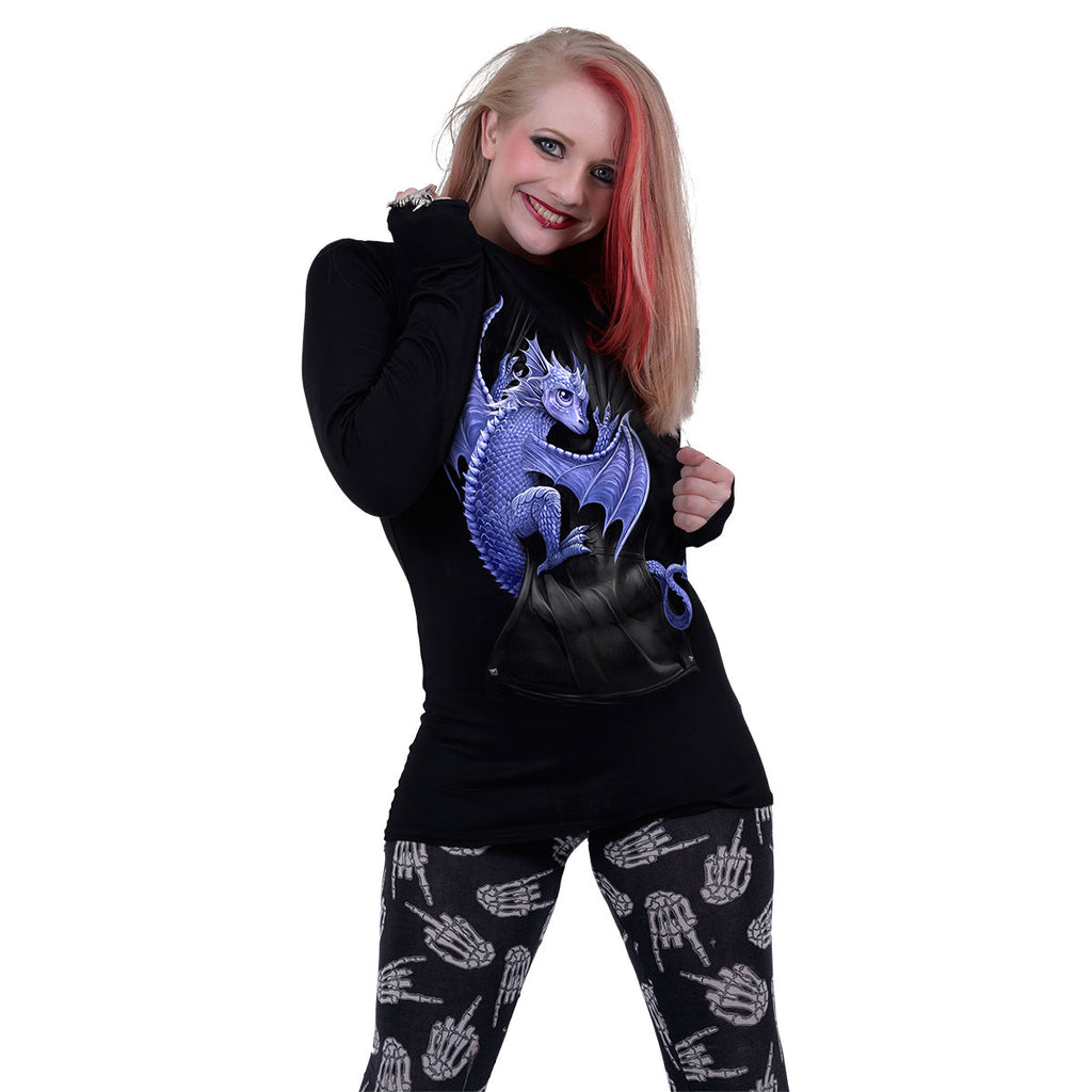 Spiral Ladies Long Sleeve Baggy T-Shirt: Pocket Dragon (Black)