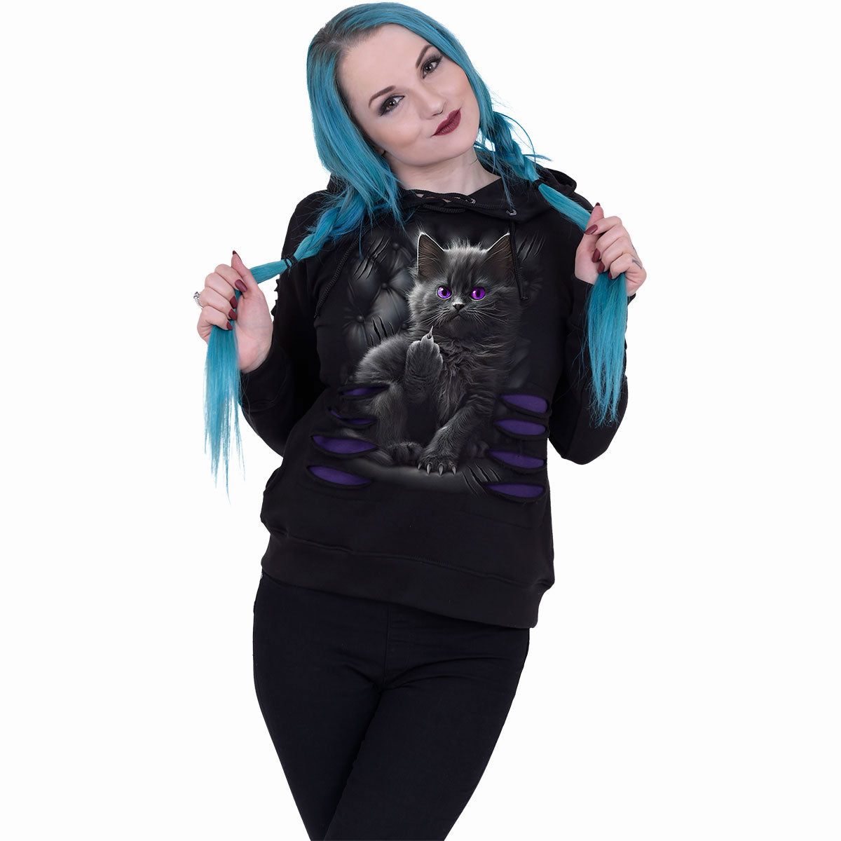 Spiral Ladies Ripped Pullover Hoodie: Cattitude (Black & Purple)