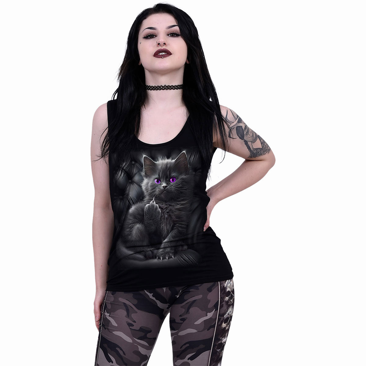 Spiral Ladies Razor Back Vest T-Shirt: Cattitude (Black)