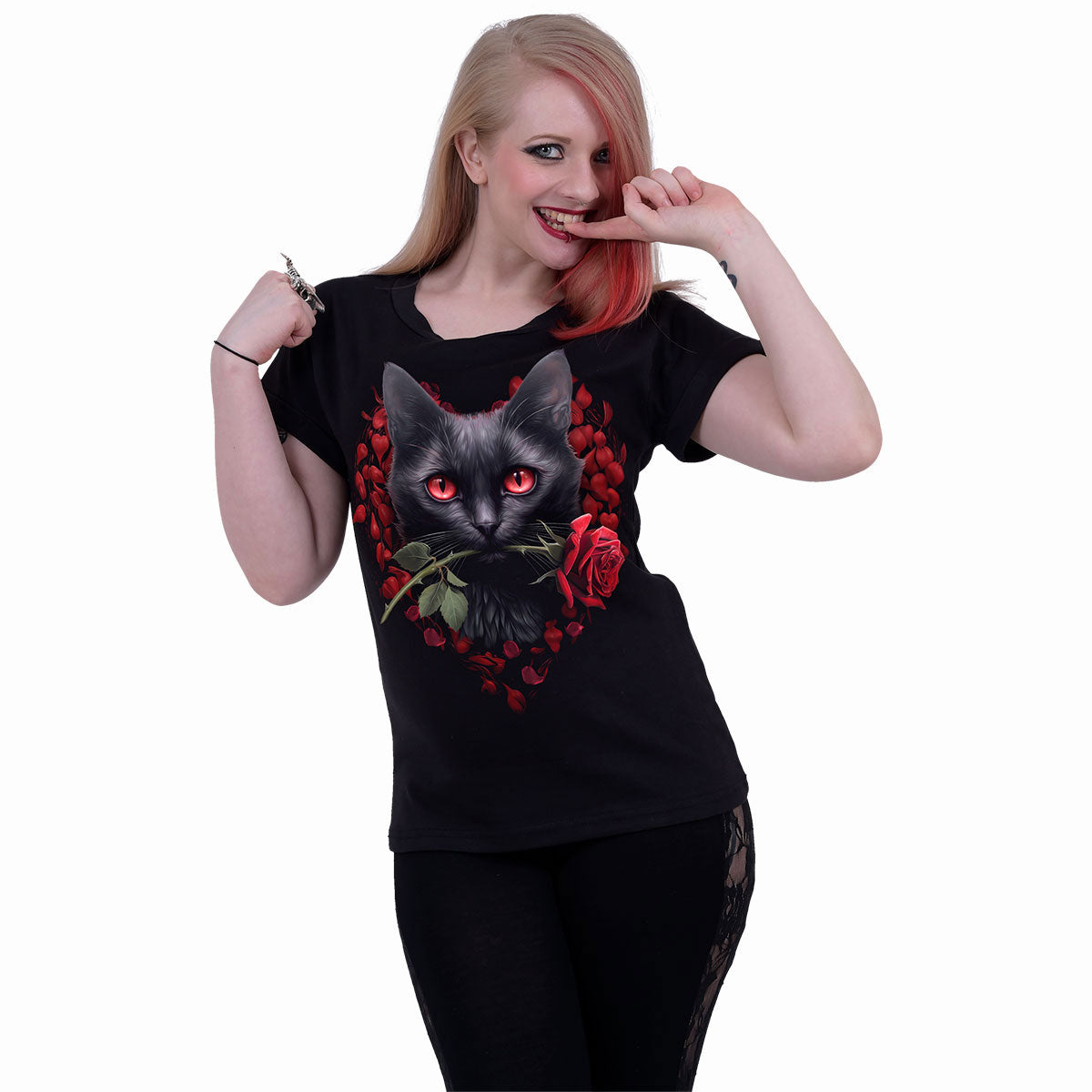 Spiral Ladies Boatneck Cap Sleeve T-Shirt: Cat's Love (Black)