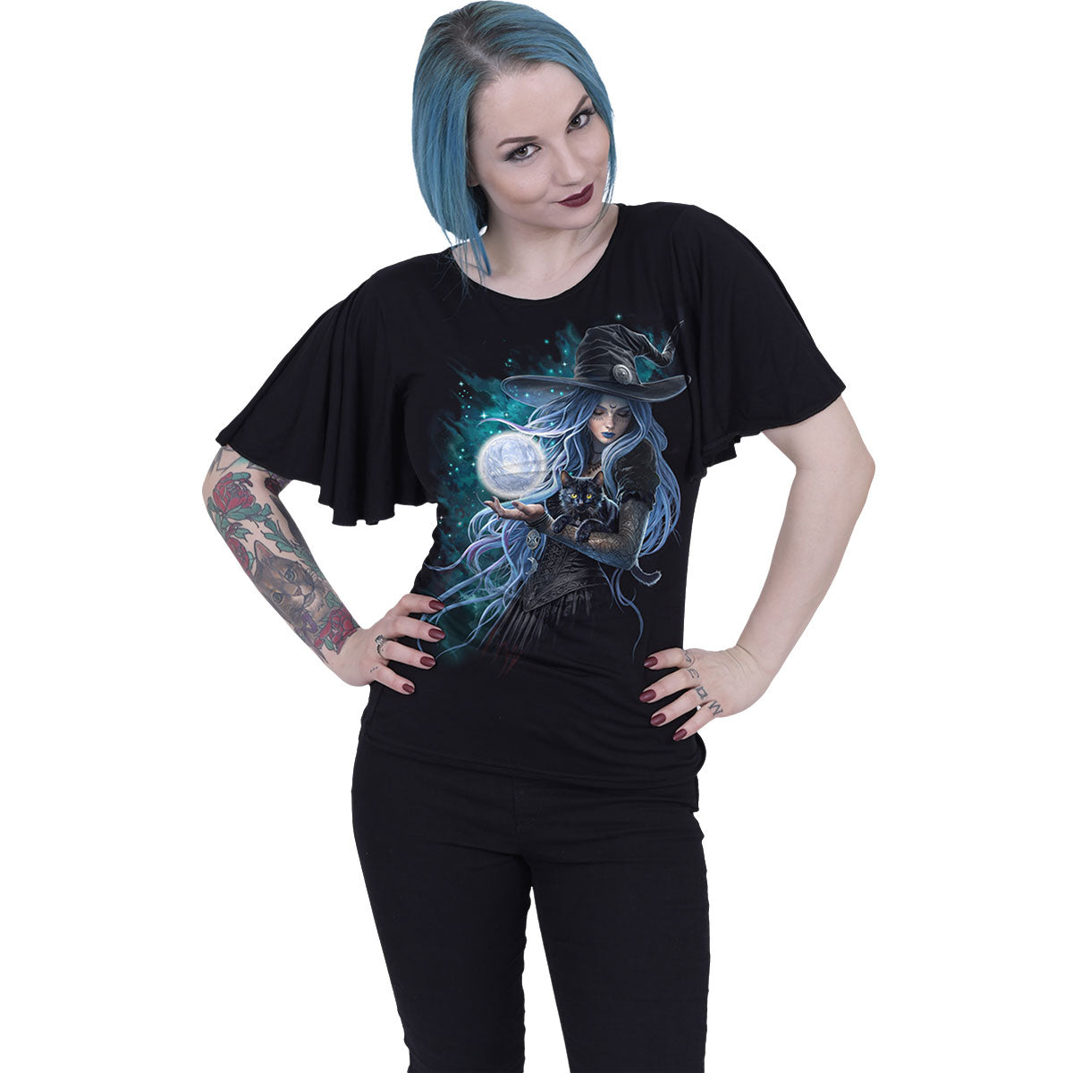 Spiral Ladies Latin Boatneck Top: Mystic Moon (Black)