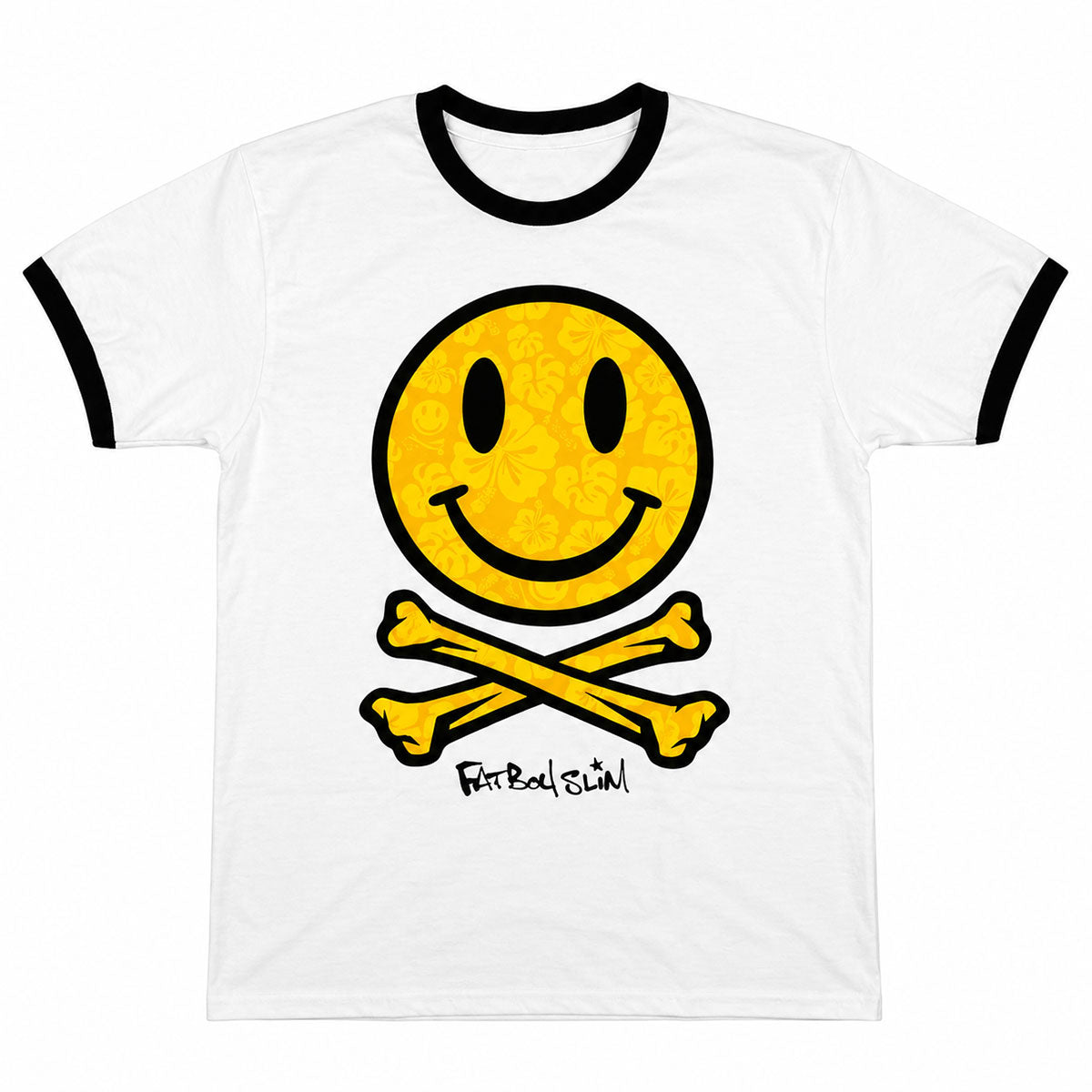 Fatboy Slim Unisex Ringer T-Shirt: Hawaiian Happy Face (White) (Back Print)