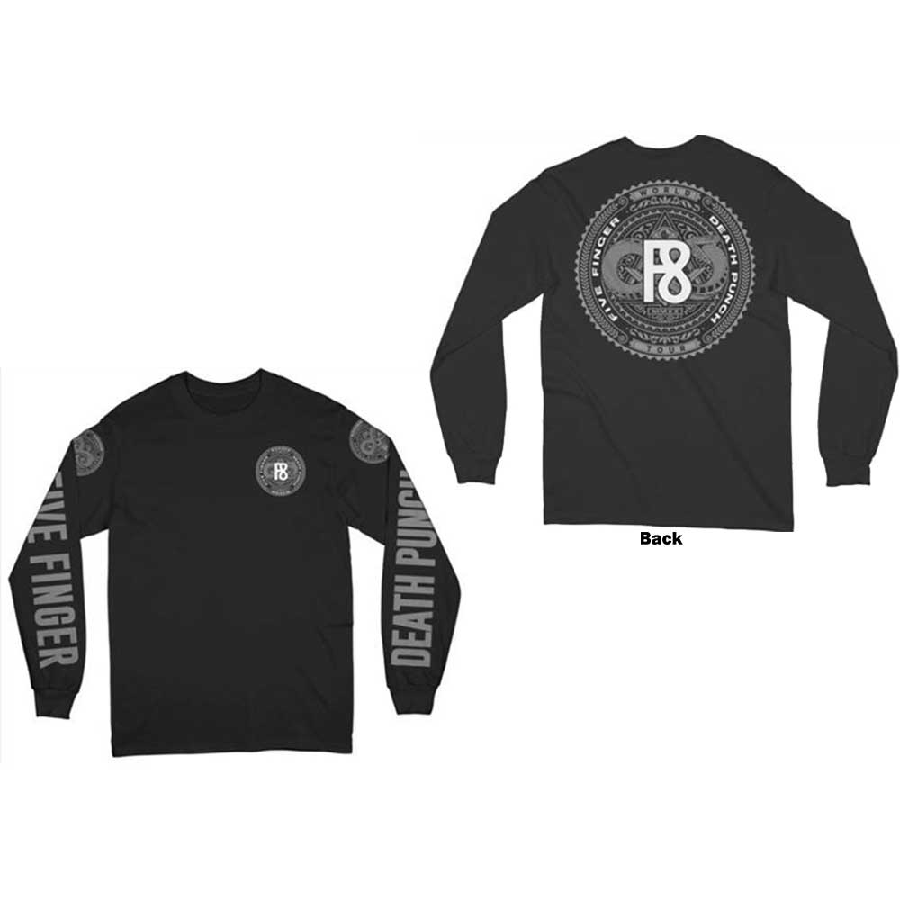 Five Finger Death Punch Unisex Long Sleeve T-Shirt: F8 World Tour 2020 (Black) (Back & Sleeve Print)
