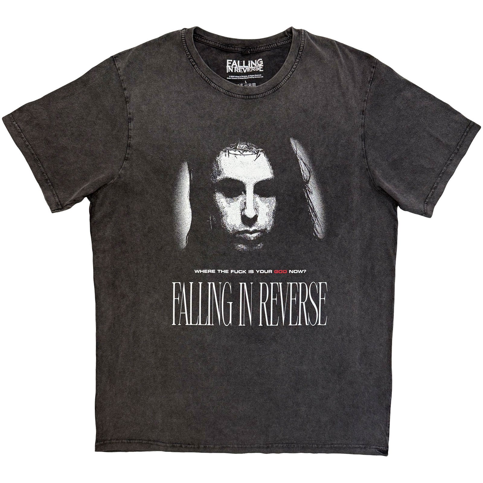 Falling In Reverse Unisex Stone Wash T-Shirt: Where's Your God (Charcoal Grey)
