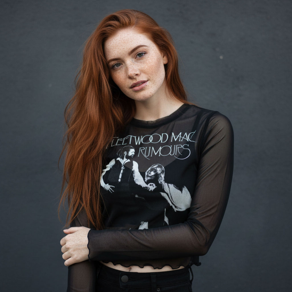 Fleetwood Mac Ladies Long Sleeve Mesh Crop Top: Rumours (Black)