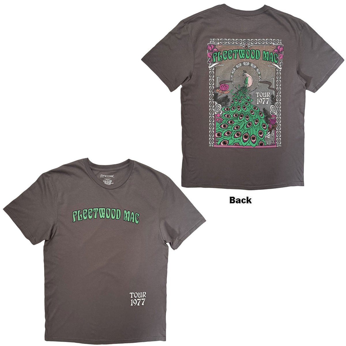 Fleetwood Mac Unisex T-Shirt: Peacock Tour '77 (Charcoal Grey) (Back Print)