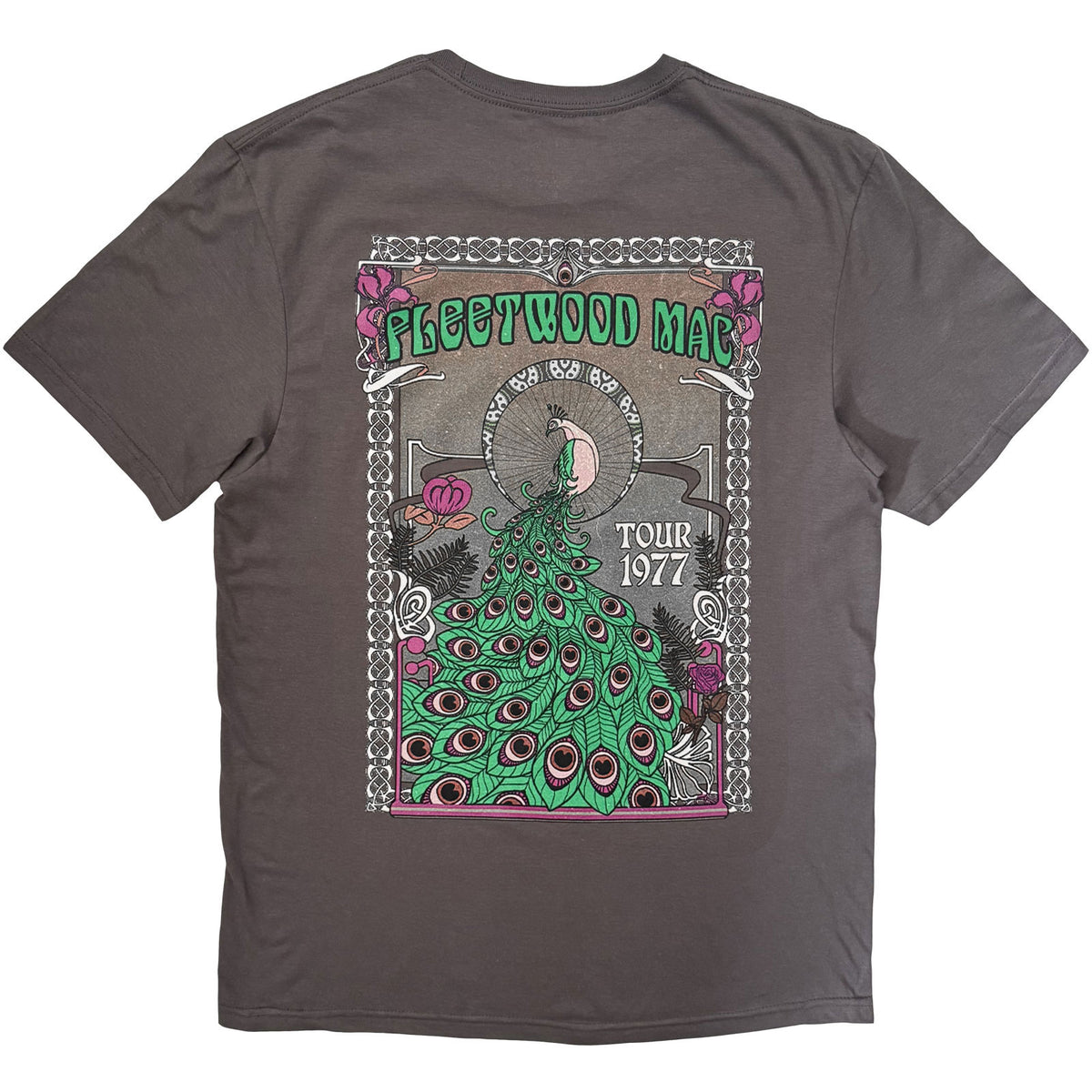 Fleetwood Mac Unisex T-Shirt: Peacock Tour '77 (Charcoal Grey) (Back Print)