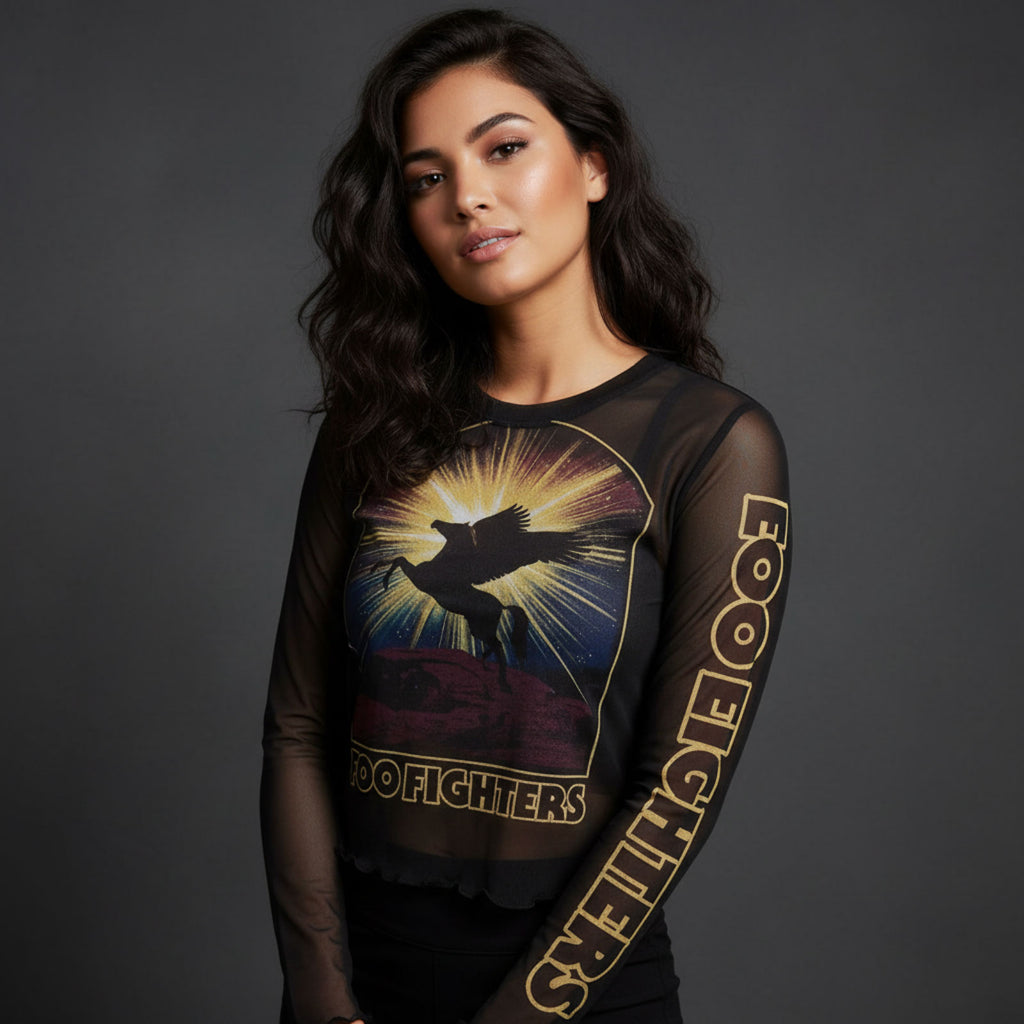 Foo Fighters Ladies Long Sleeve Mesh Crop Top: Pegasus (Black)