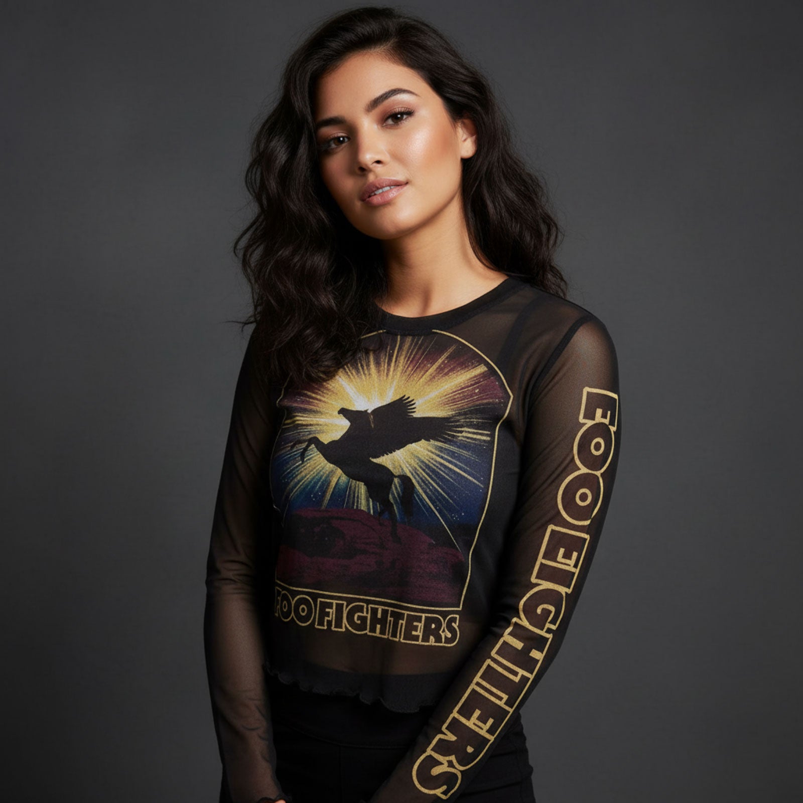 Foo Fighters Ladies Long Sleeve Mesh Crop Top: Pegasus (Black)