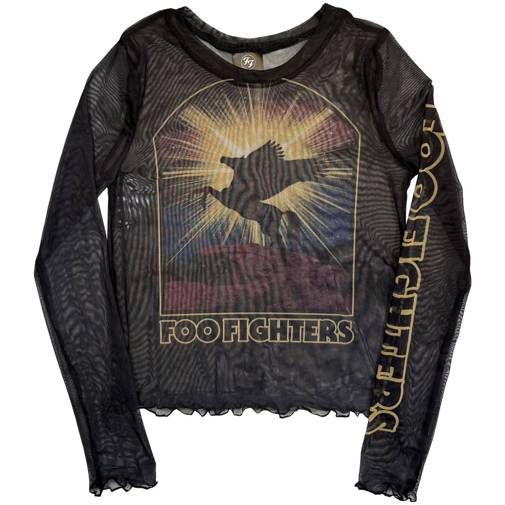 Foo Fighters Ladies Long Sleeve Mesh Crop Top: Pegasus (Black)