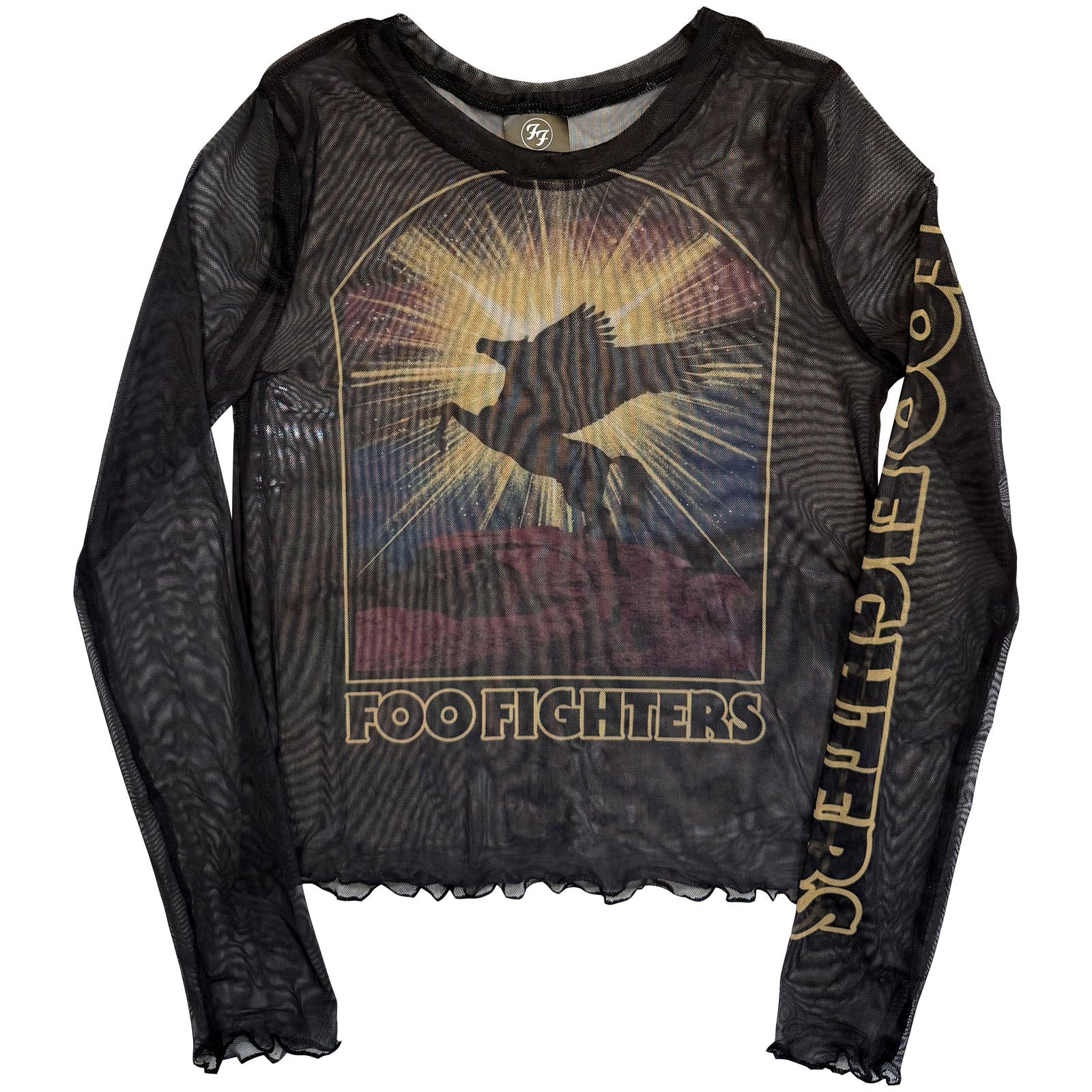 Foo Fighters Ladies Long Sleeve Mesh Crop Top: Pegasus (Black)