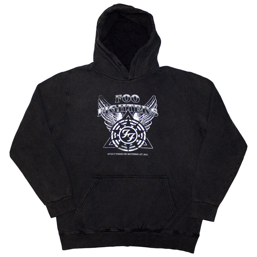 Foo Fighters Unisex Stone Wash Pullover Hoodie: Everything Or Nothing At All Logo (Charcoal Grey) (Wash Collection)