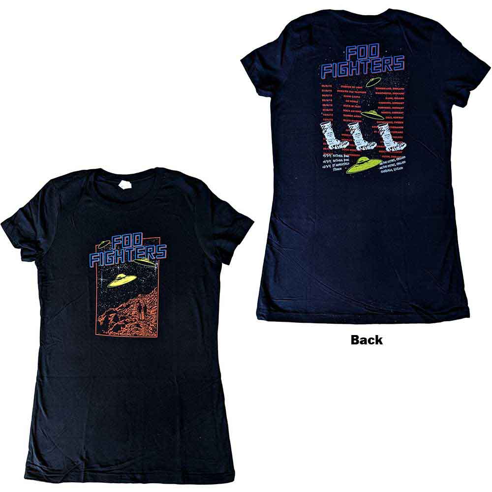 Foo Fighters Ladies T-Shirt: UFOS 2015 European Tour (Black) (Back Print & Ex-Tour)