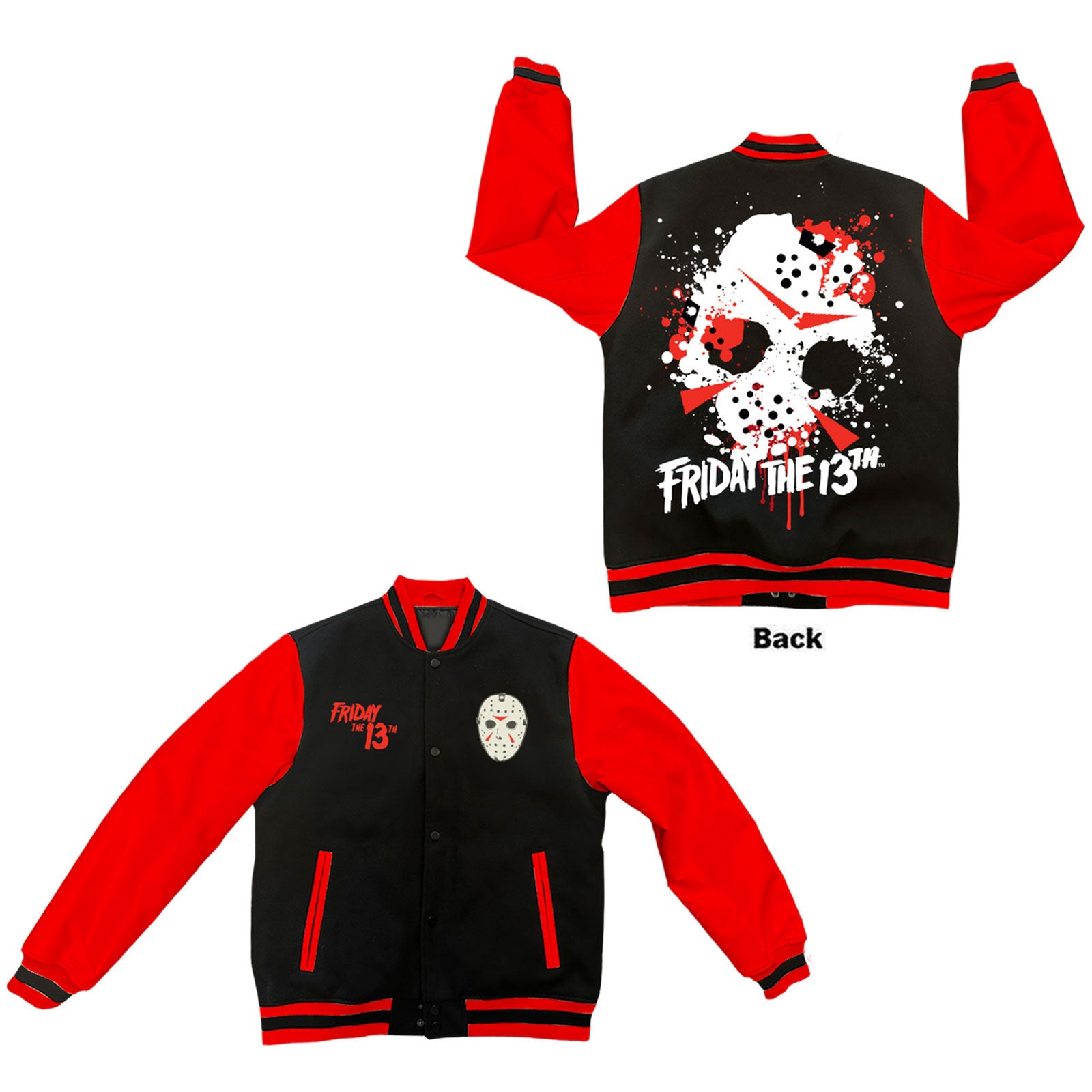 Friday the 13th Unisex Varsity Jacket: Jason Spray Paint F&B (Black & Red) (Back Print)