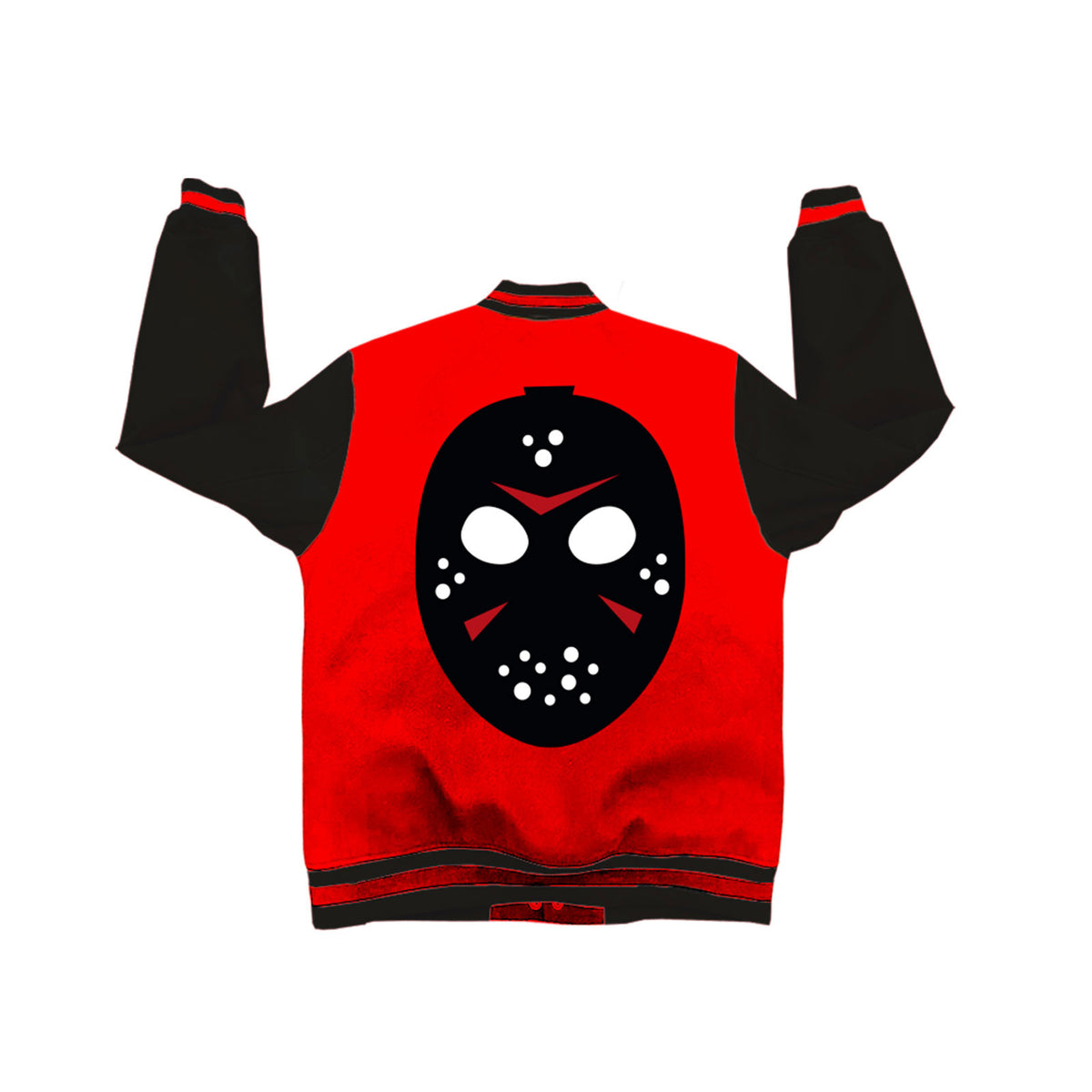 Friday the 13th Unisex Varsity Jacket: Jason Spray Paint F&B (Black & Red) (Back Print)