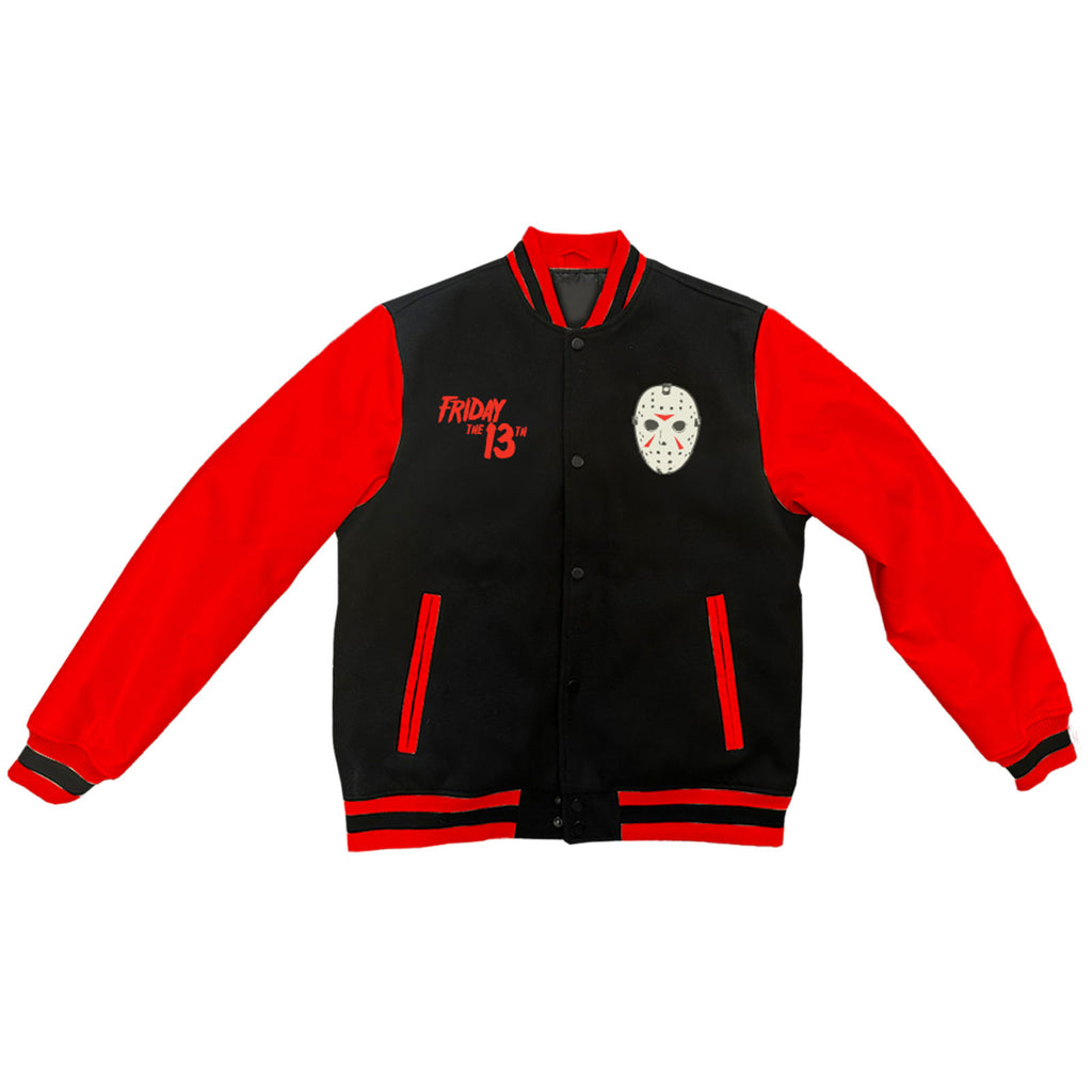 Friday the 13th Unisex Varsity Jacket: Jason Spray Paint F&B (Black & Red) (Back Print)