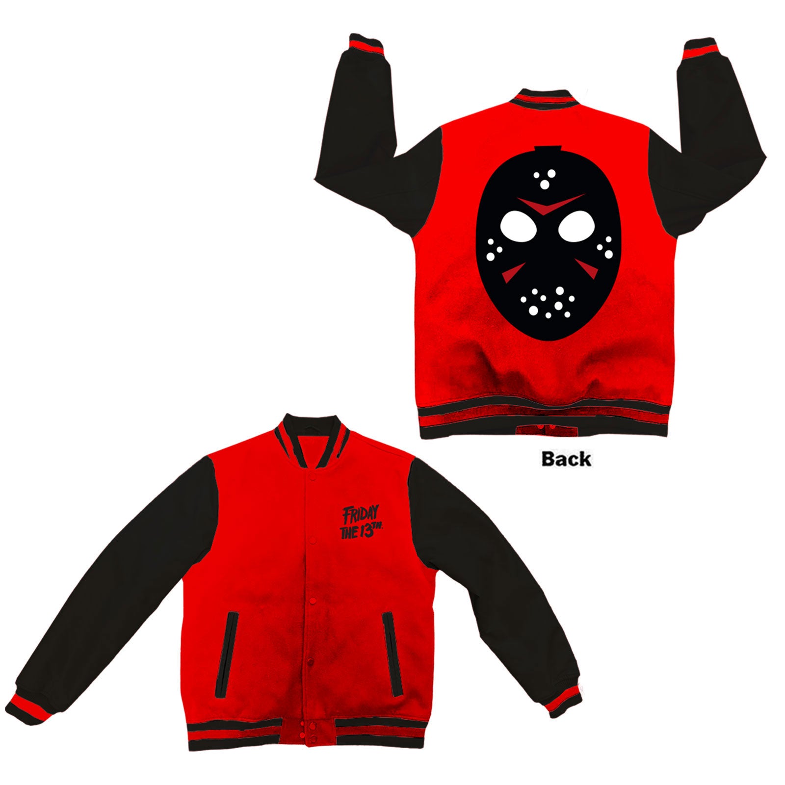 Friday the 13th Unisex Varsity Jacket: Jason Jumbo Mask Back (Black & Red) (Back Print)