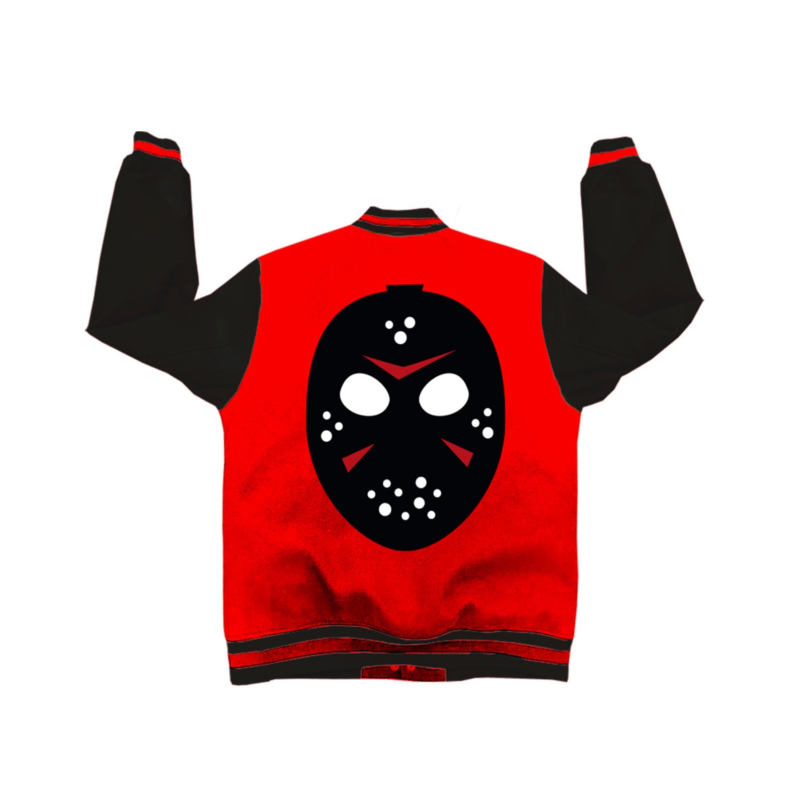 Friday the 13th Unisex Varsity Jacket: Jason Jumbo Mask Back (Black & Red) (Back Print)