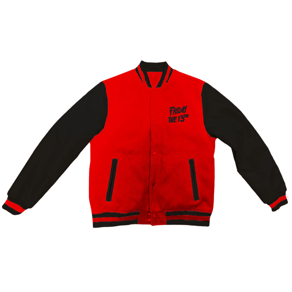 Friday the 13th Unisex Varsity Jacket: Jason Jumbo Mask Back (Black & Red) (Back Print)