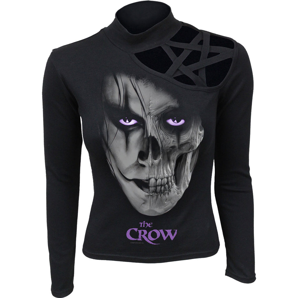 The Crow Ladies Pentagram Shoulder Top: Skull Face (Black)