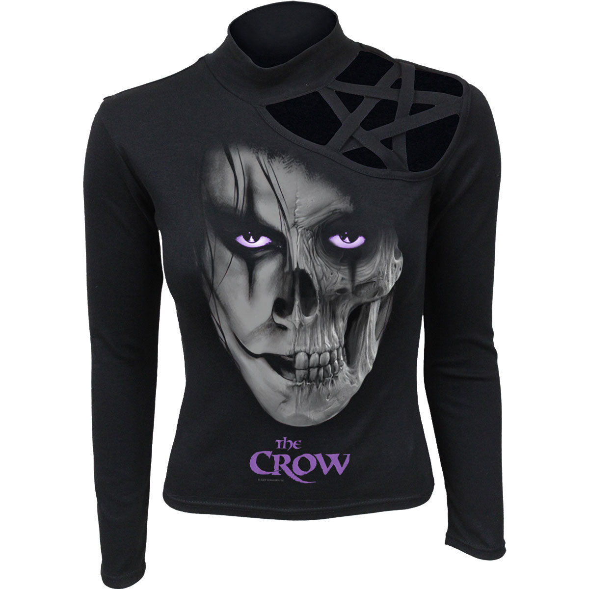 The Crow Ladies Pentagram Shoulder Top: Skull Face (Black)
