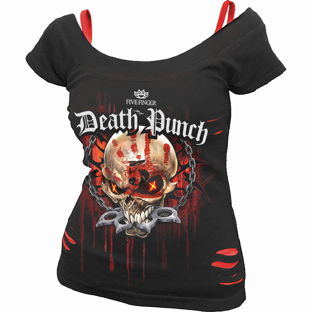 Five Finger Death Punch Ladies 2-in-1 Ripped Top: Assassin (Black & Red)