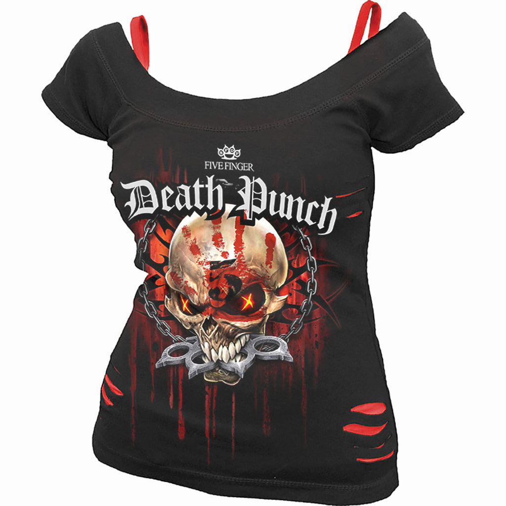 Five Finger Death Punch Ladies 2-in-1 Ripped Top: Assassin (Black & Red)