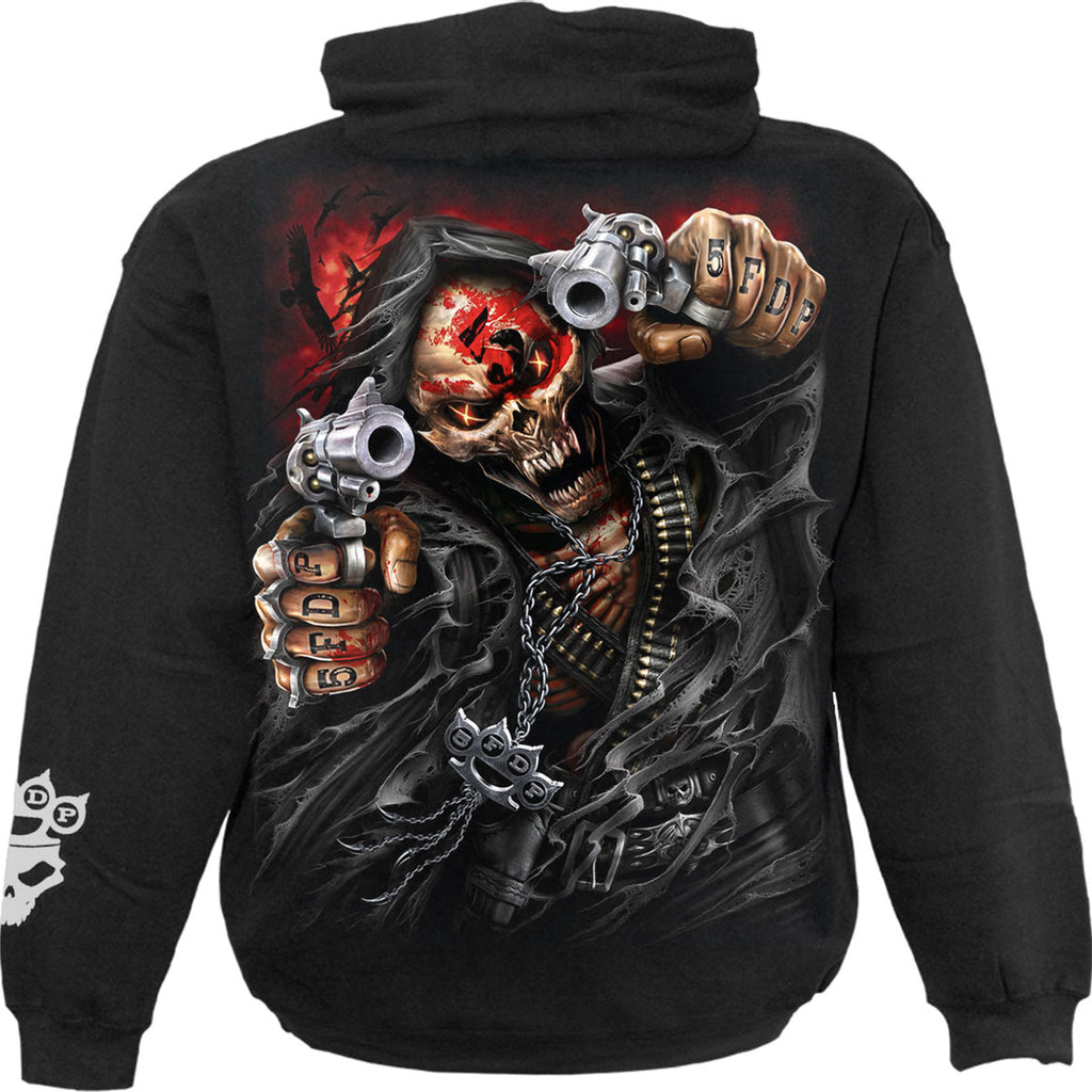 Five Finger Death Punch Unisex Pullover Hoodie: Assassin (Black) (Back & Sleeve Print)
