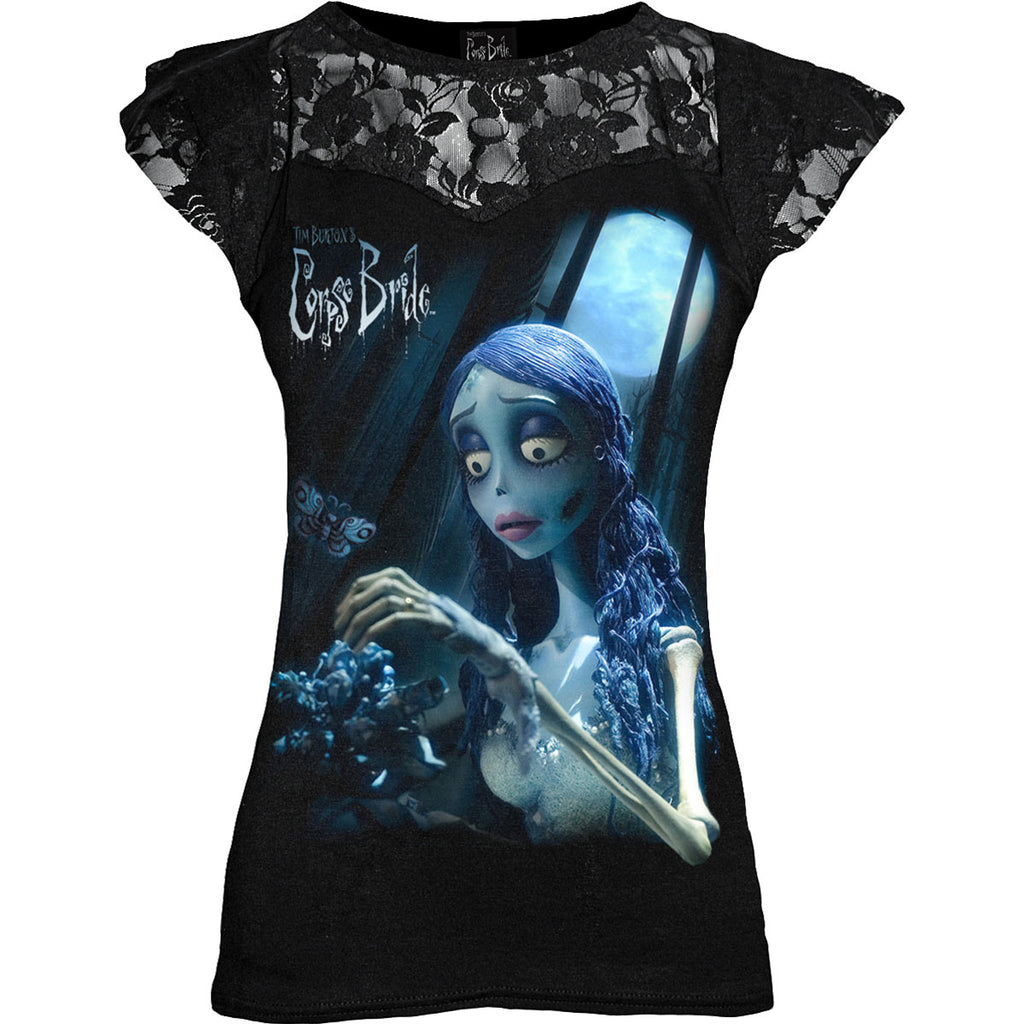 Corpse Bride Ladies Lace Layered Cap Sleeve Top: Glow In The Dark (Black)
