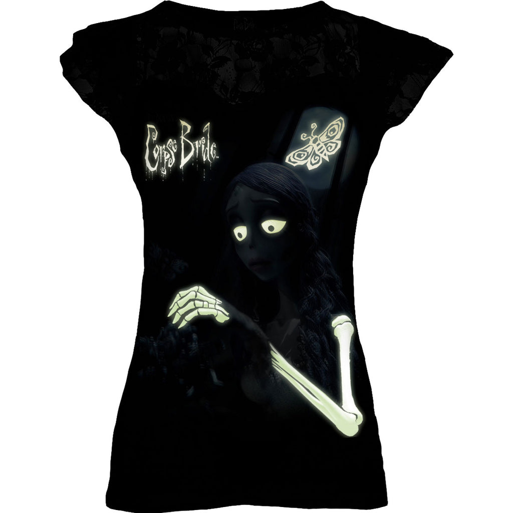 Corpse Bride Ladies Lace Layered Cap Sleeve Top: Glow In The Dark (Black)