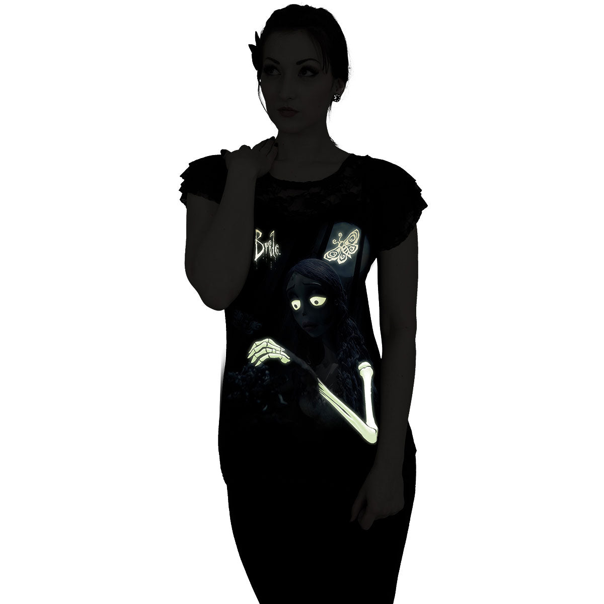Corpse Bride Ladies Lace Layered Cap Sleeve Top: Glow In The Dark (Black)