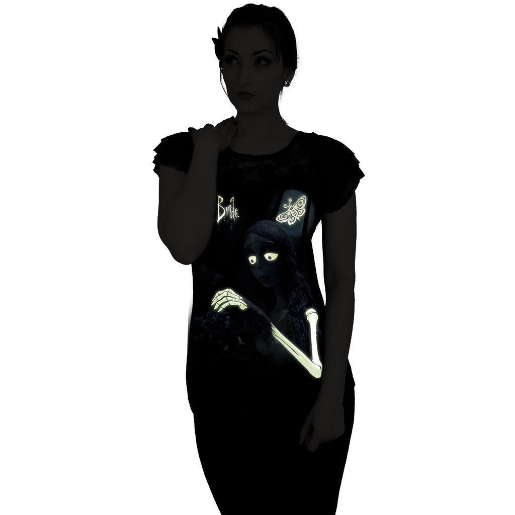 Corpse Bride Ladies Lace Layered Cap Sleeve Top: Glow In The Dark (Black)
