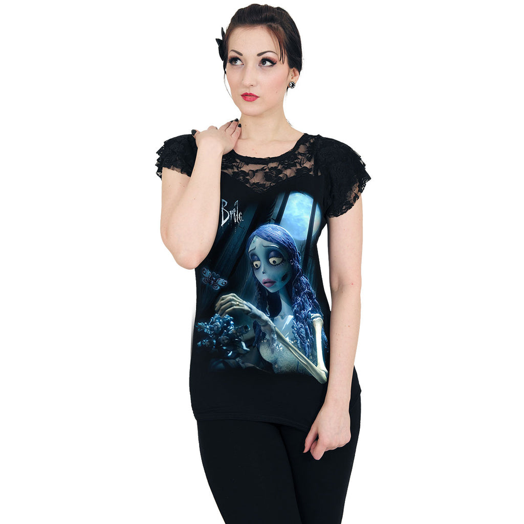 Corpse Bride Ladies Lace Layered Cap Sleeve Top: Glow In The Dark (Black)