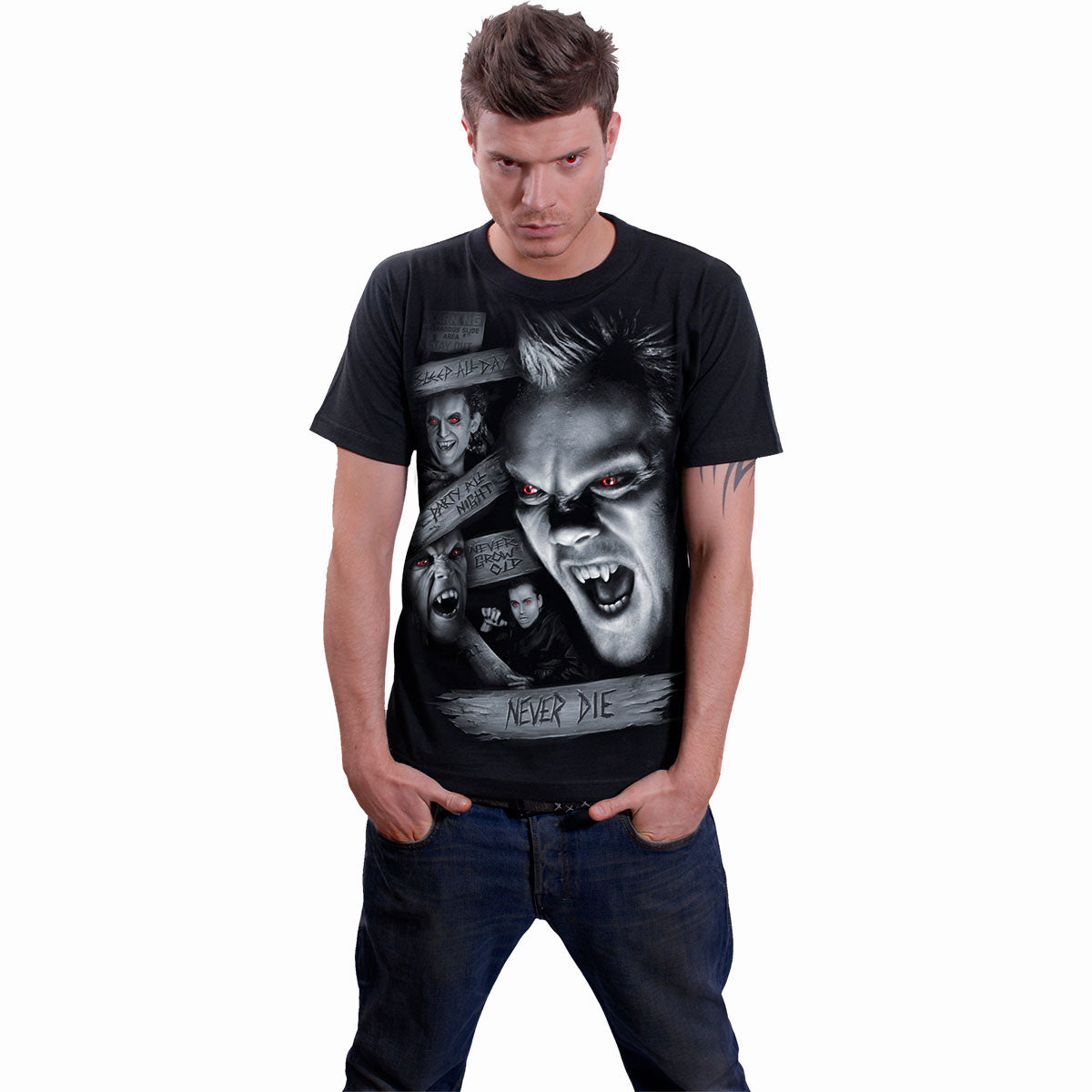 The Lost Boys Unisex T-Shirt: Never Die (Black) (Back Print)
