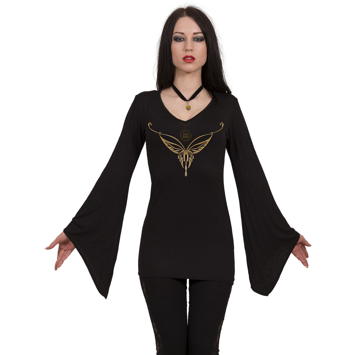 Lord Of The Rings Ladies Gothic Sleeve T-Shirt: Elven Necklace (Black)