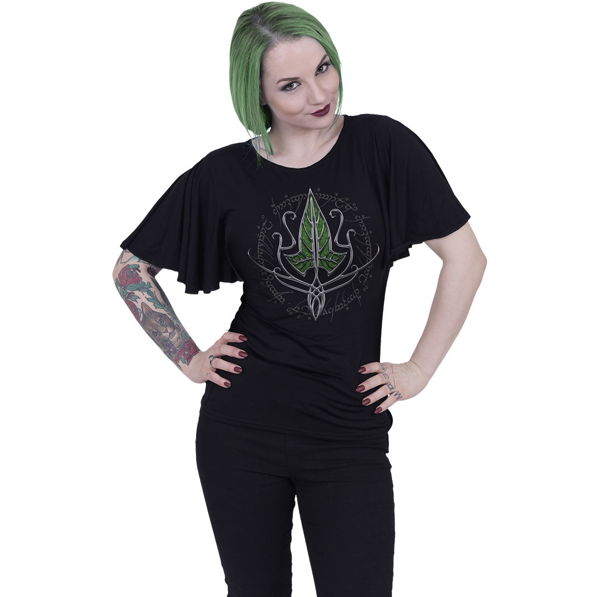 Lord Of The Rings Ladies Latin Boatneck Top: Frodo Leaf (Black)