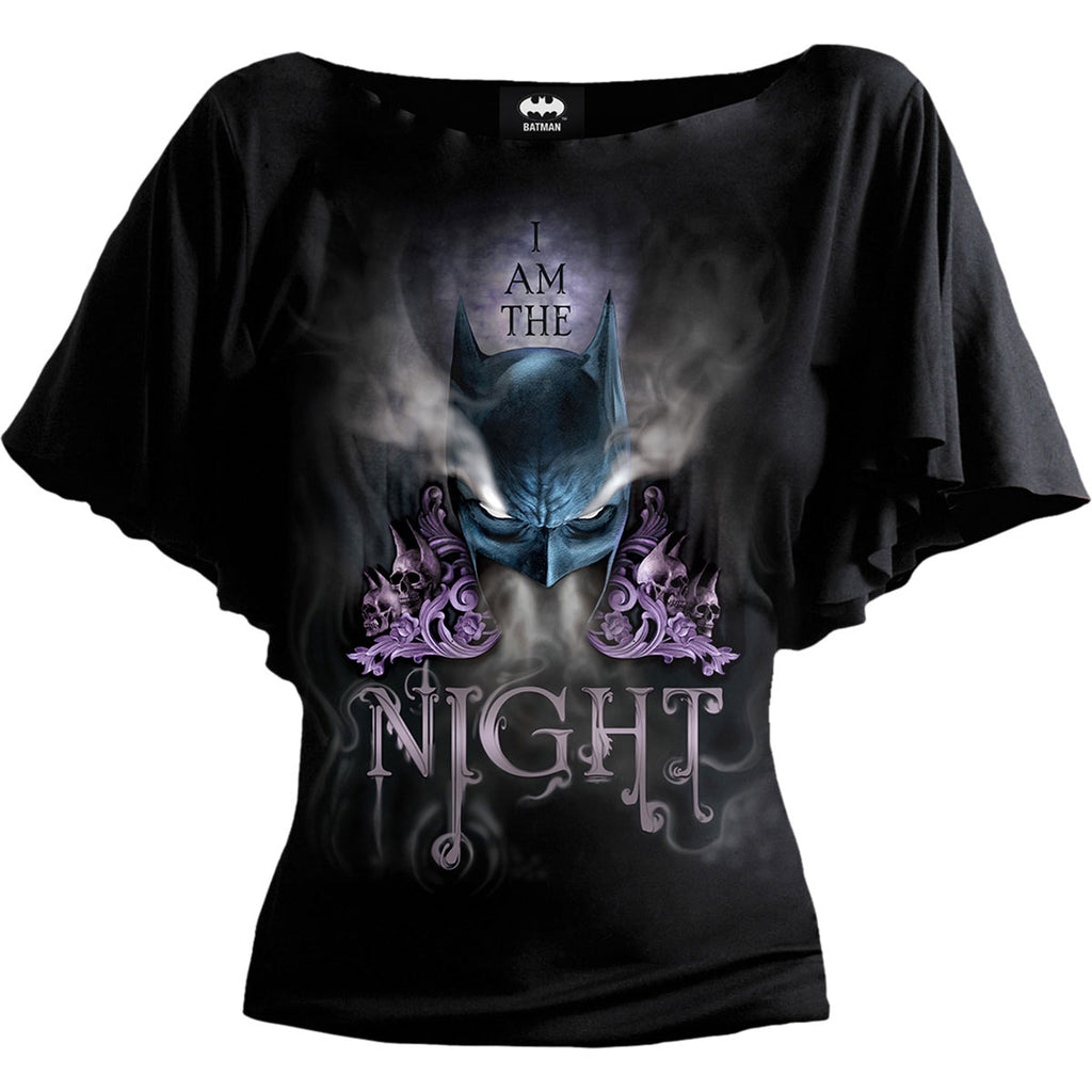 DC Comics Ladies Latin Boatneck Top: Batman I am the Night (Black)