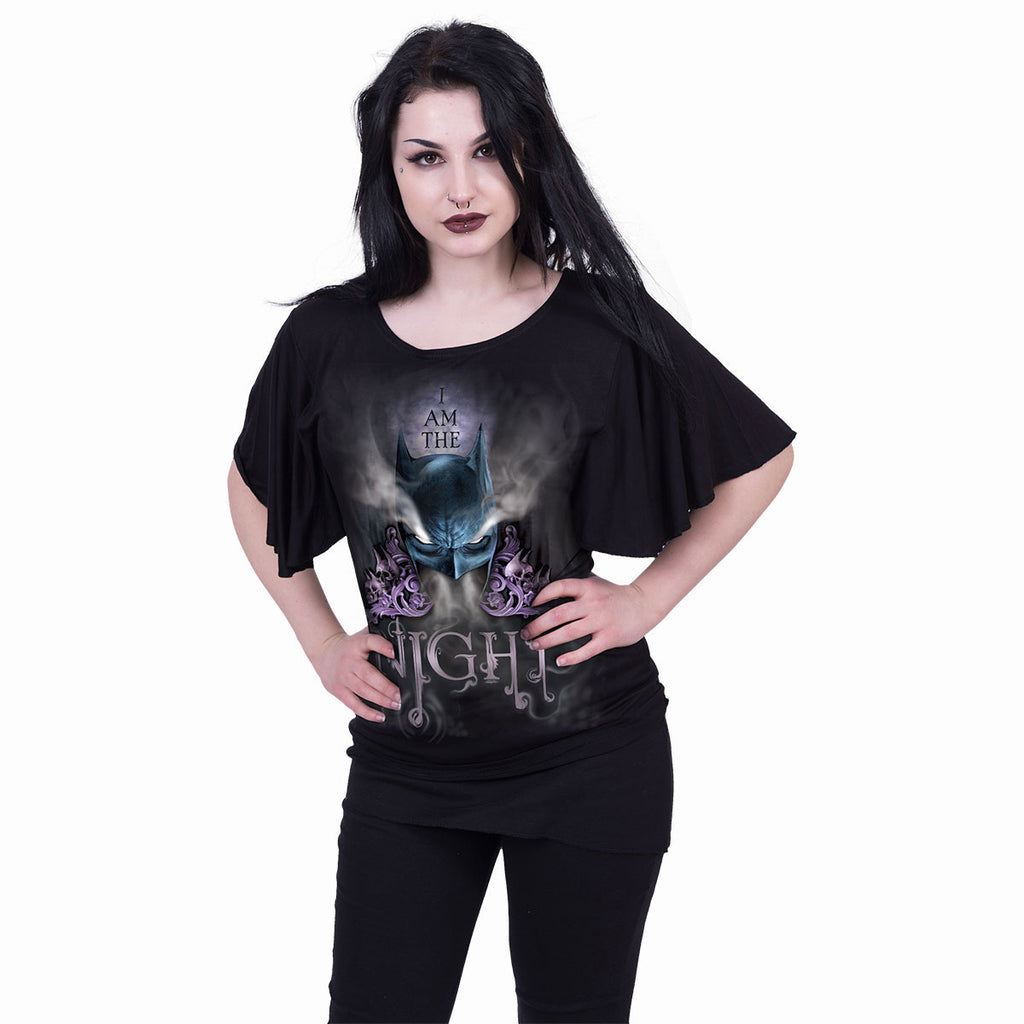 DC Comics Ladies Latin Boatneck Top: Batman I am the Night (Black)