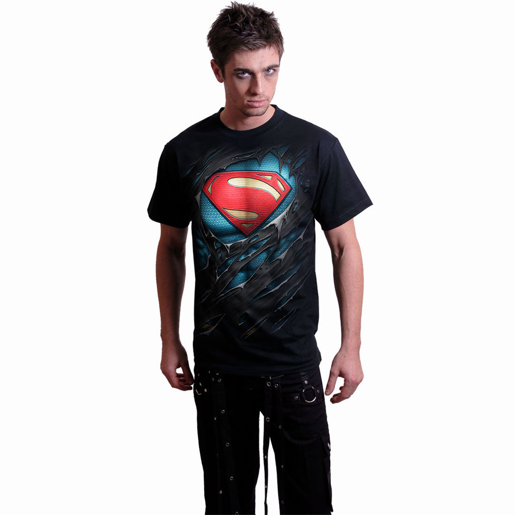 DC Comics Unisex T-Shirt: Superman Ripped (Black) (Back Print)