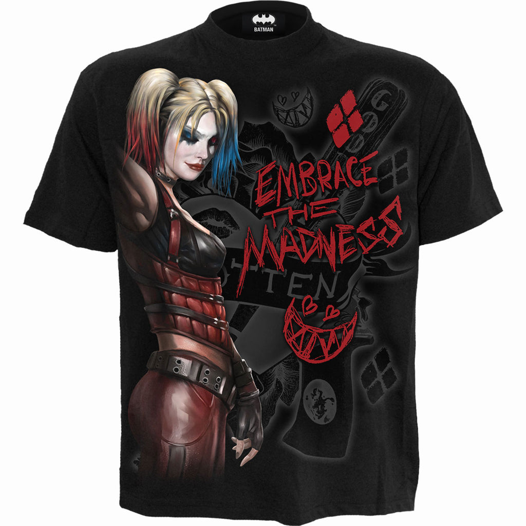 DC Comics Unisex T-Shirt: Batman Harley Quinn Embrace Madness (Black)