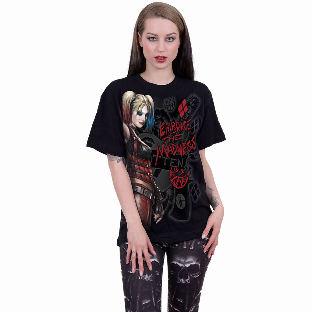 DC Comics Unisex T-Shirt: Batman Harley Quinn Embrace Madness (Black)